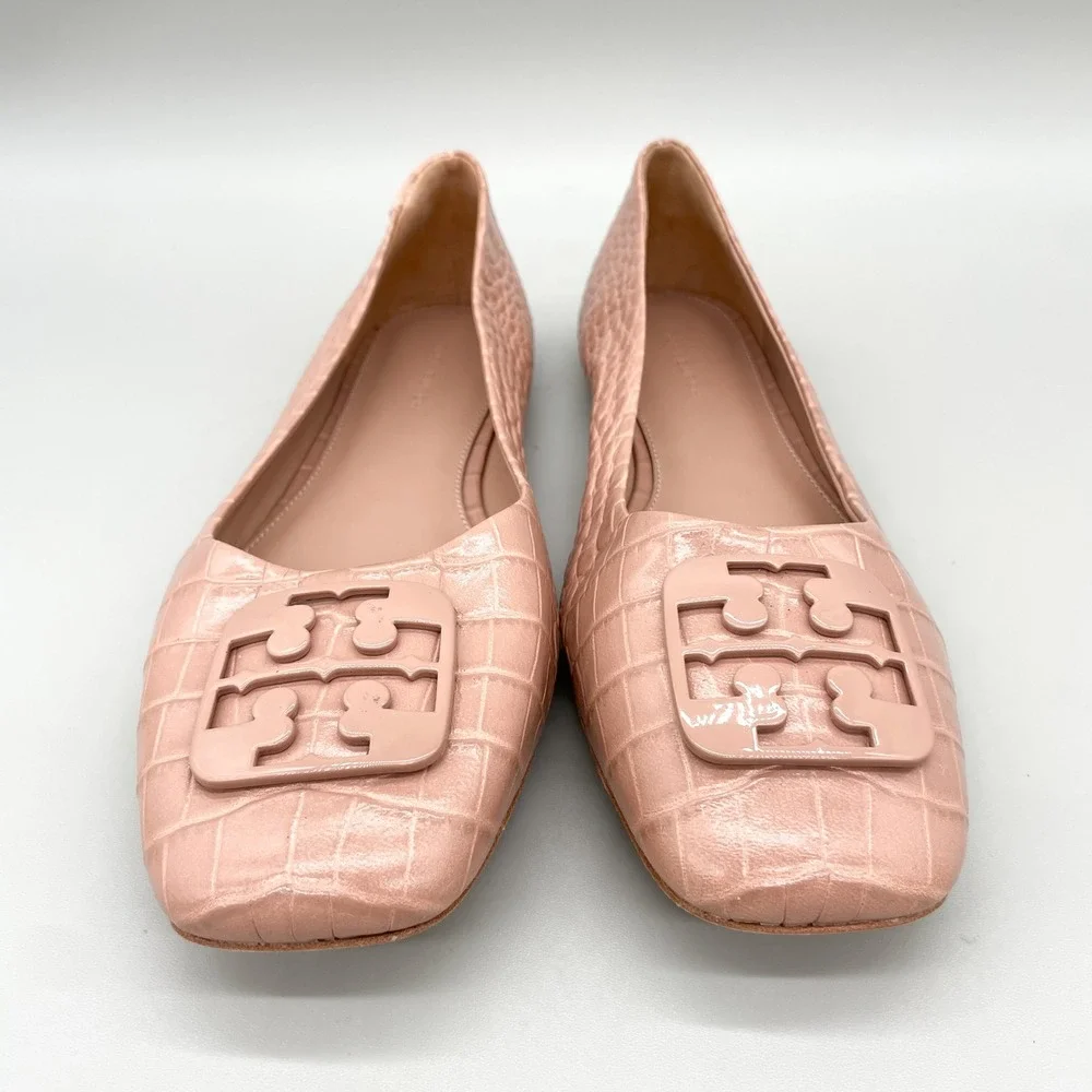 Tory Burch Georgia Ballet Flats Womens 9.5M Pink Croc Leather Square Toe Preppy